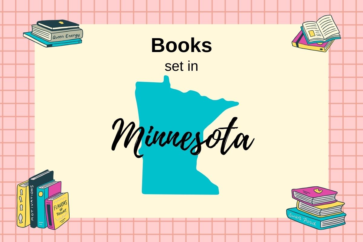 Books Set In Minnesota with map outline of Minnesota and stacks of books