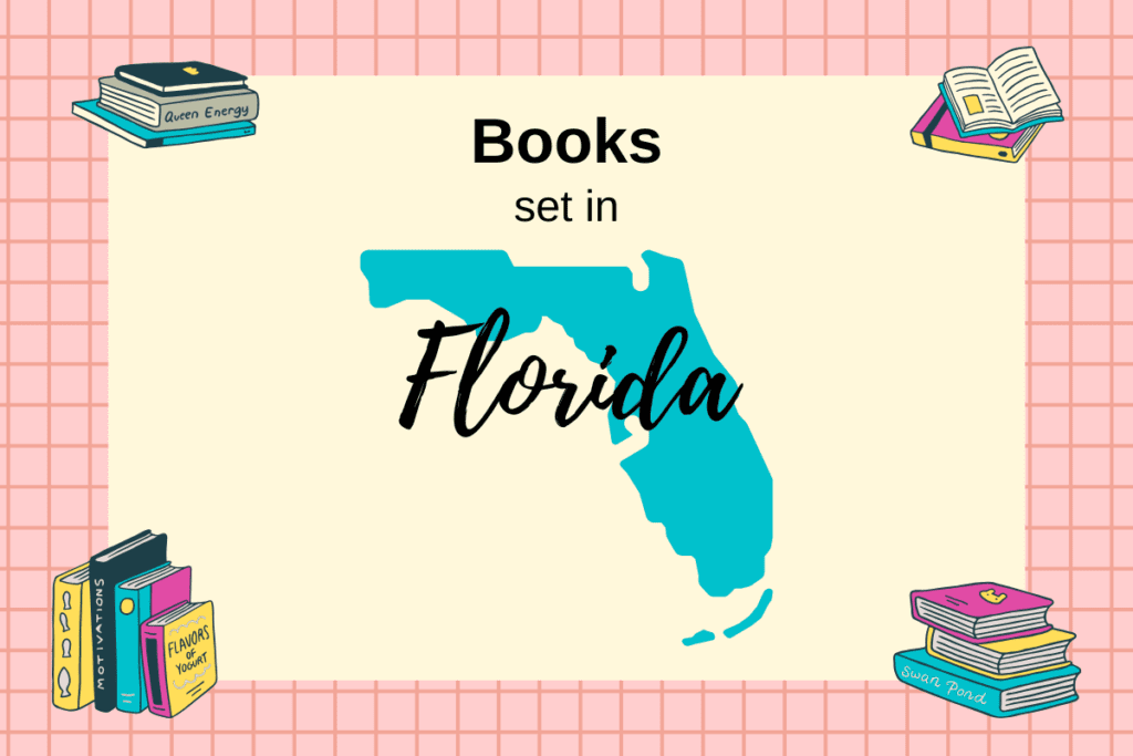 Books Set In Florida with map outline of Florida and stacks of books