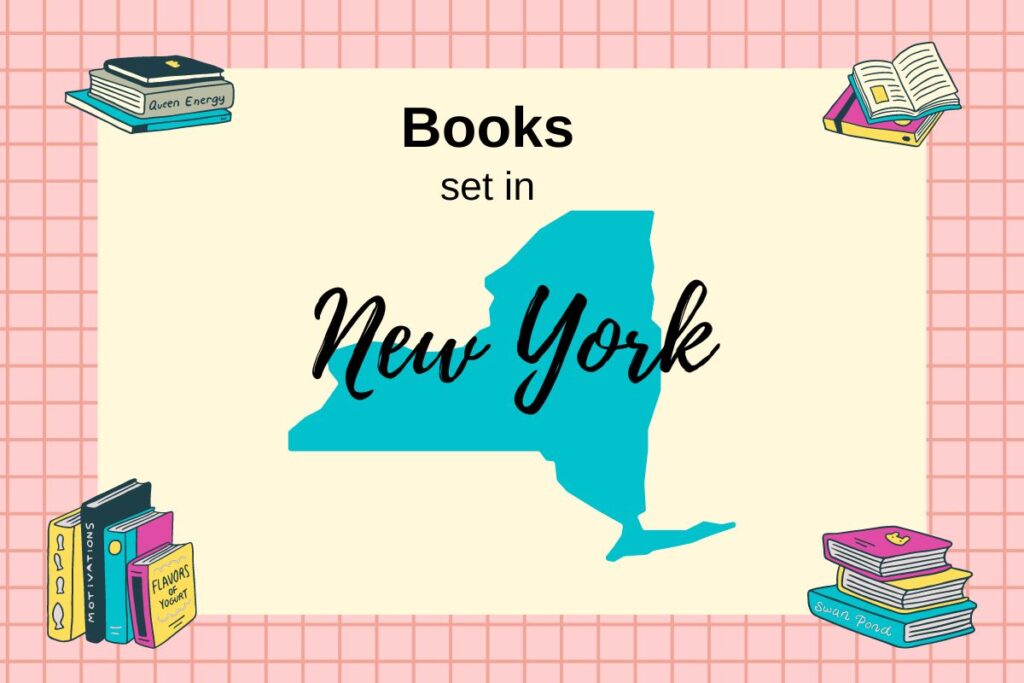 Books Set In New York with map outline of New York and stacks of books in the corners