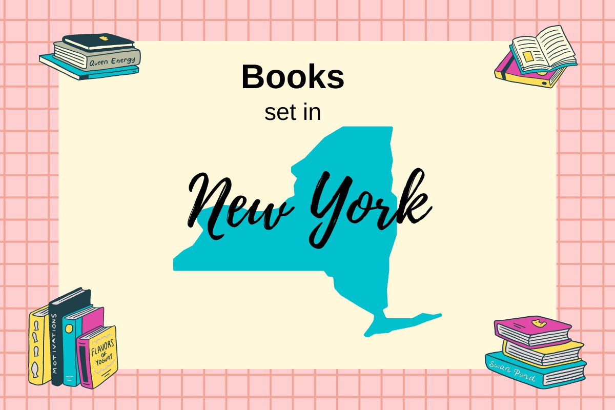 Books Set In New York with map outline of New York and stacks of books in the corners