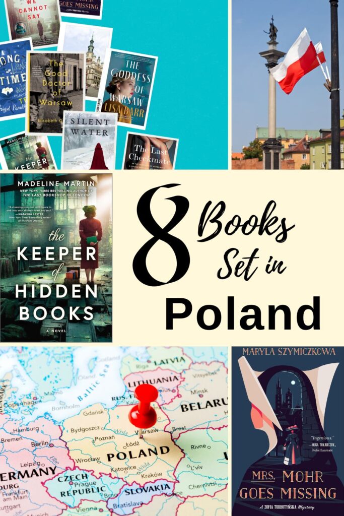 Collage of eight book covers set in Poland, with images of Polish landmarks and a map marked with a red pin.