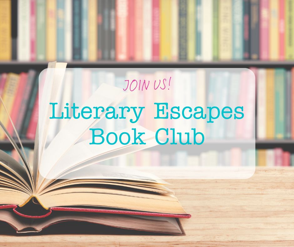 full book shelves in the background and an open book on a table in the foreground with the text "Join Us! Literary Escapes Book Club"