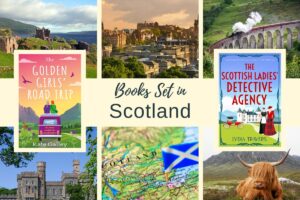 Collage of Scottish landscapes and book covers titled "Golden Girls Road Trip" and "The Scottish Ladies' Detective Agency." Includes a map of Scotland and images of landmarks and architecture.