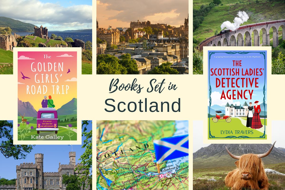 Collage of Scottish landscapes and book covers titled "Golden Girls Road Trip" and "The Scottish Ladies' Detective Agency." Includes a map of Scotland and images of landmarks and architecture.