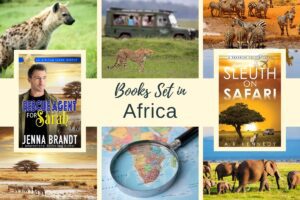 Collage of African safari landscapes and book covers titled "Rescue Agent for Sarah" and "Sleuth on Safair." Includes a map of Africa and images of landscapes and animals.