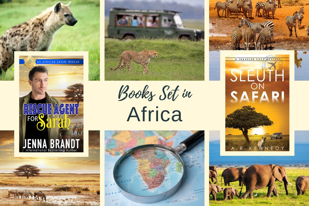 Collage of African safari landscapes and book covers titled "Rescue Agent for Sarah" and "Sleuth on Safair." Includes a map of Africa and images of landscapes and animals.