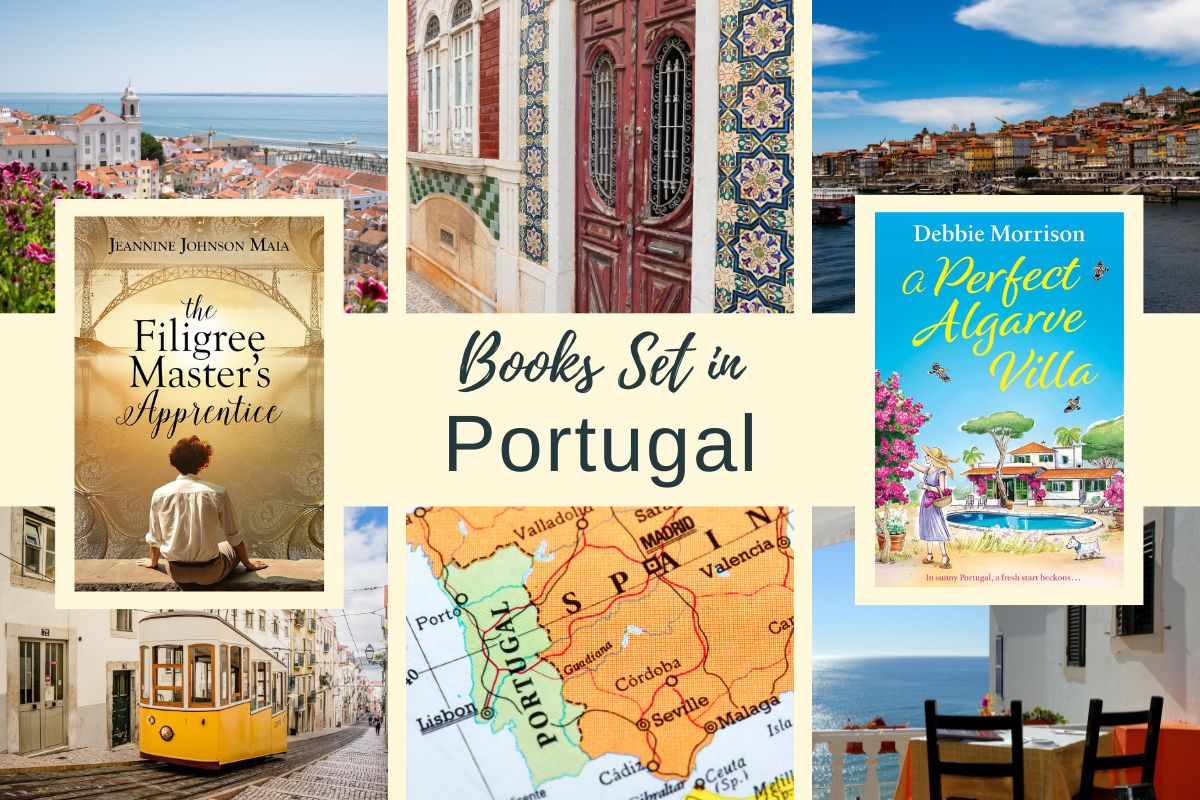Collage of Portugese landscapes and book covers titled "The Filigree Master's Apprentice" and "A Perfect Algarve Villa." Includes a map of Portugal and images of landscapes and buildings.
