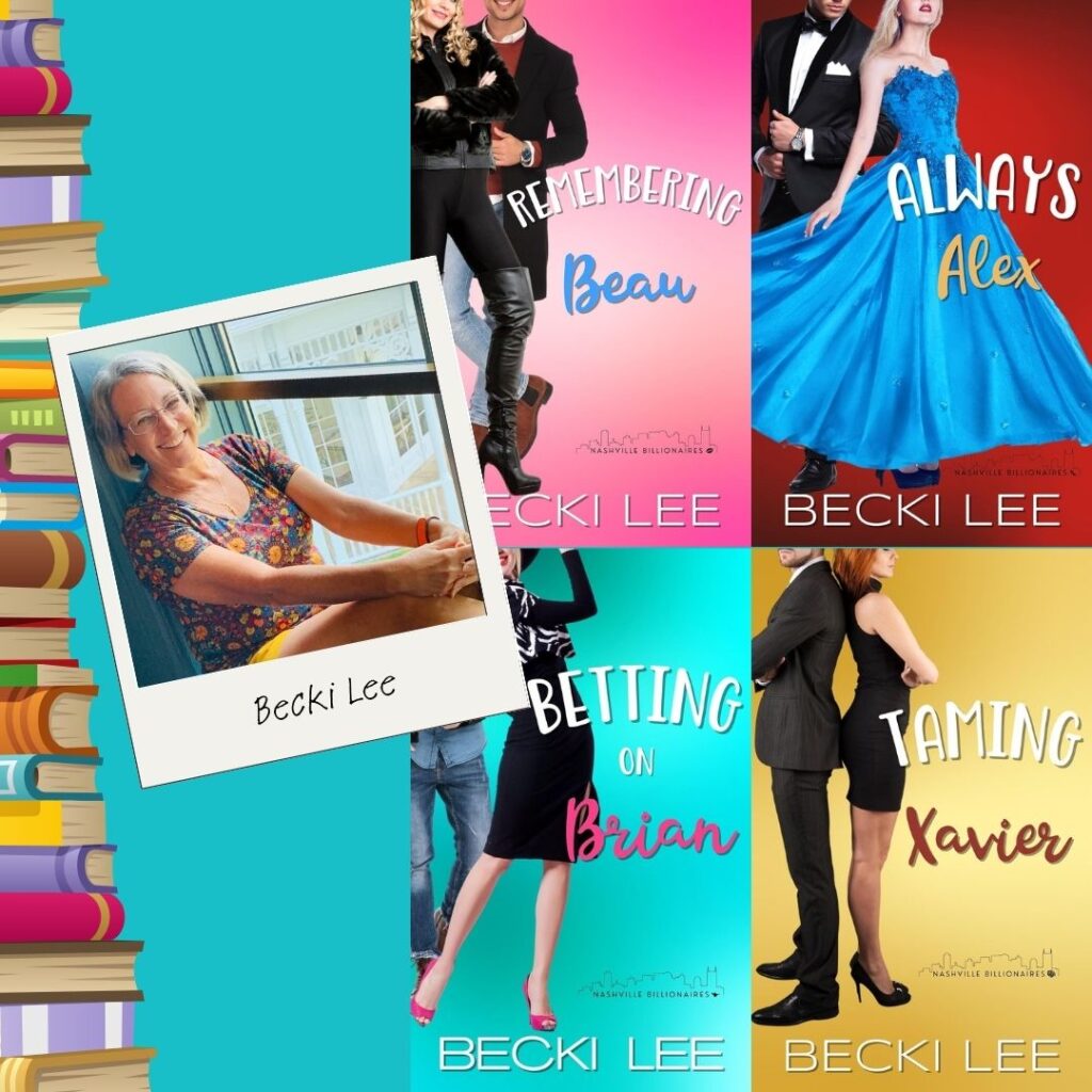 A collage showing four romance novel covers of the Nashville Billionaires series by Becki Lee and a photo of the author, all on a blue background with a book stack graphic along the left side.